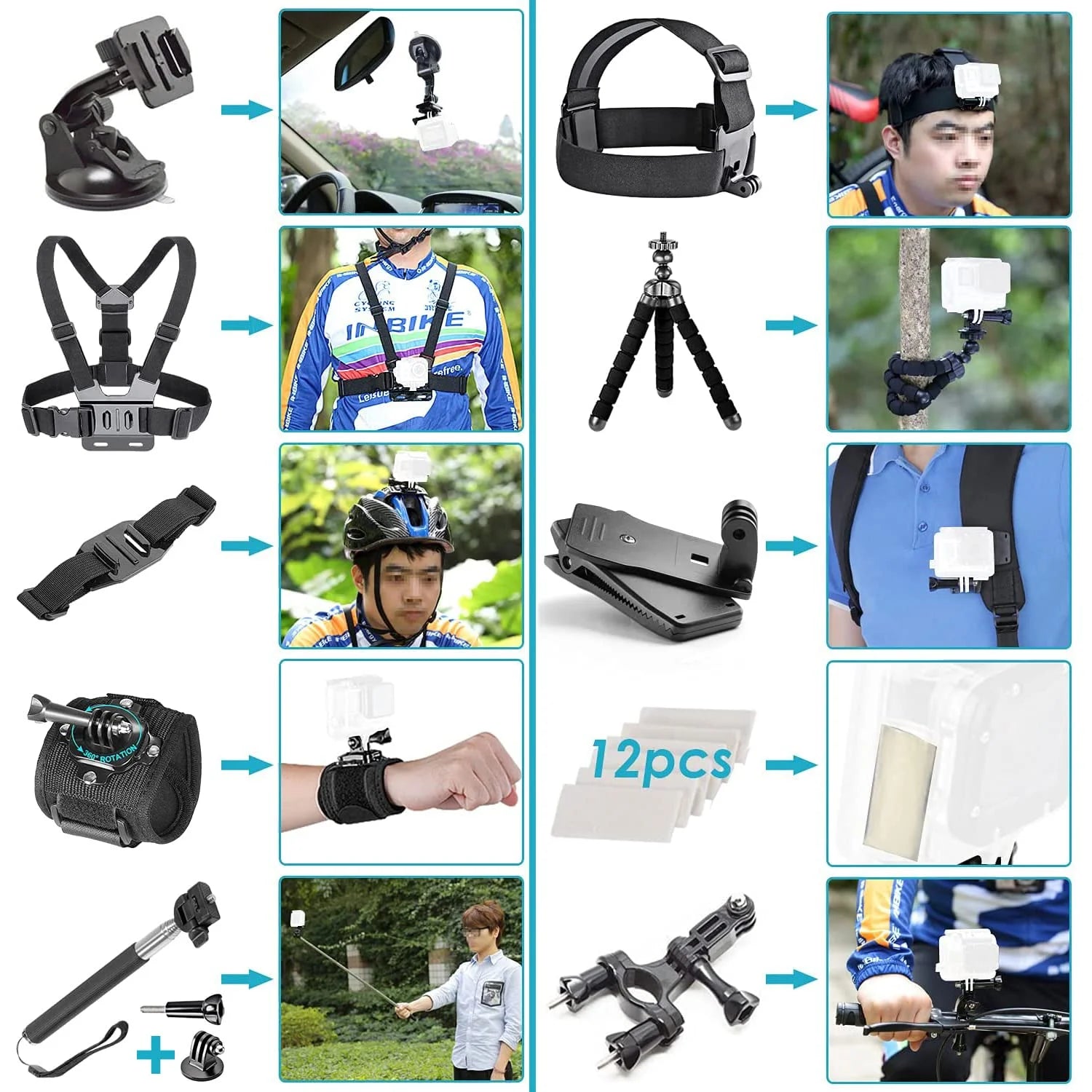 50 in 1 Action Camera Accessory Kit Compatible with Gopro Hero 12 11 10 9 8 7 6 5 4 Gopro Max Gopro Fusion Insta360 DJI Osmo Action Action 2 AKASO, and More