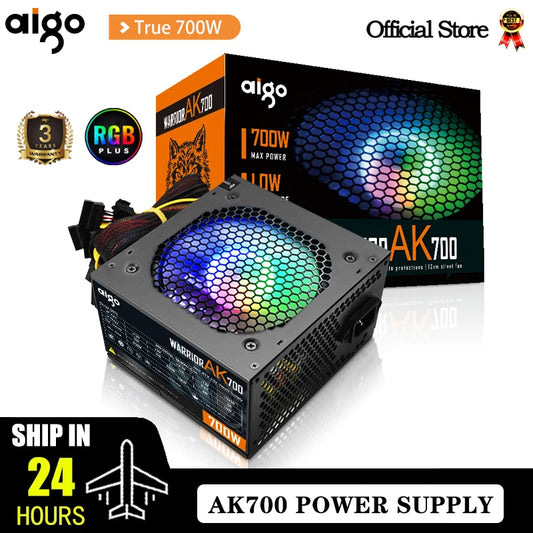 AK 700W PC PSU Power Supply Unit Black Gaming Quiet 120Mm RGB Fan 24Pin 12V ATX Desktop Computer Power Supply for BTC